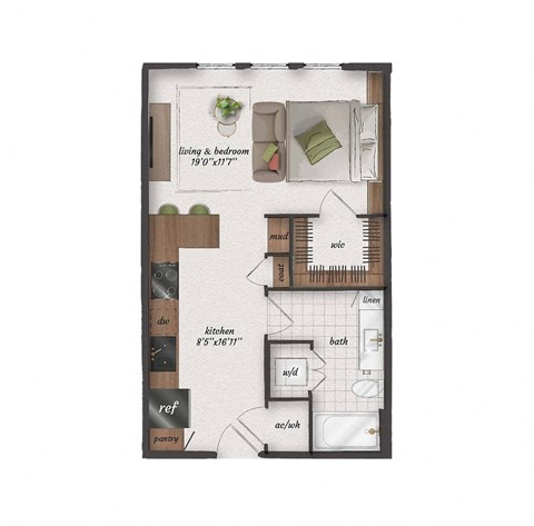 Floor plan for studio, 1 bath, 570 sqft
